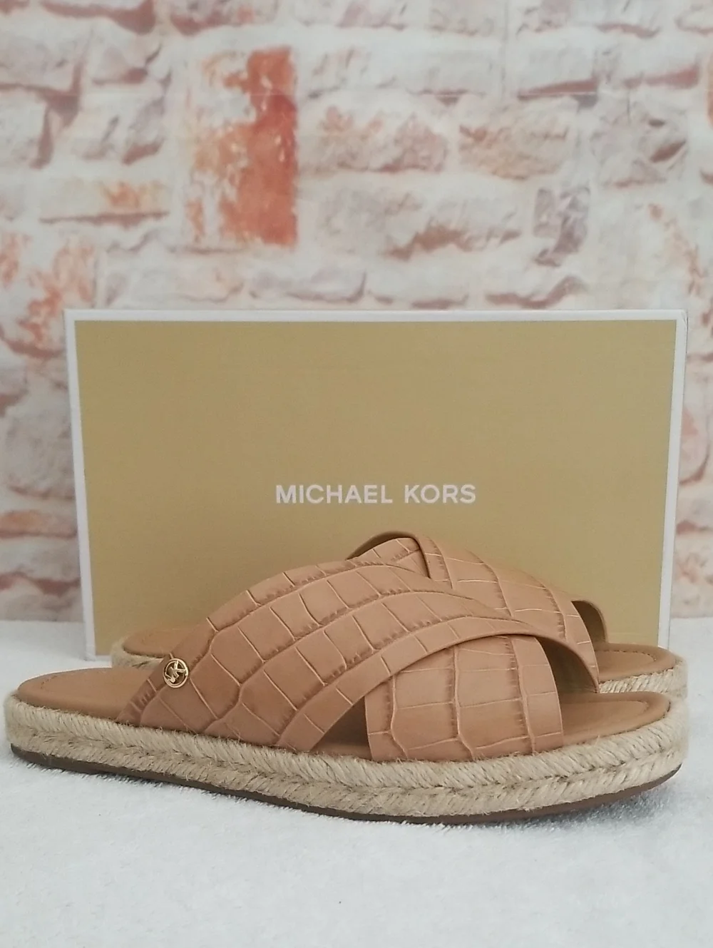 Michael Kors Tan Croc-Embossed Slide Sandals